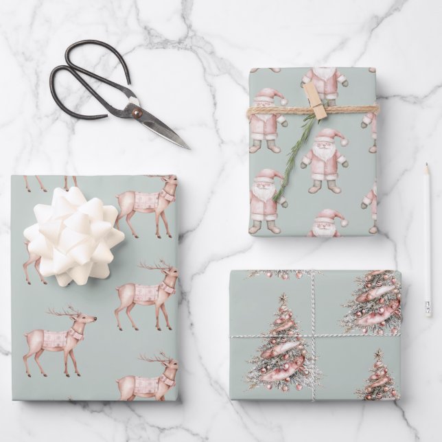 Green Blush Pink Deer Christmas Trees Santa Wrapping Paper Sheet (Front)