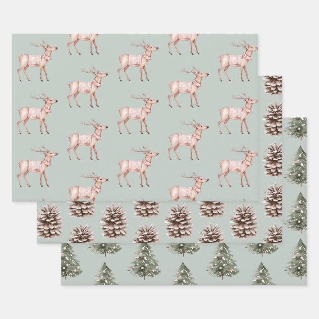 Green Blush Pink Deer Pine Cones Christmas Trees Wrapping Paper Sheet (Set)