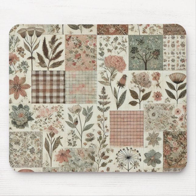 Green Blush Pink Patchwork Floral Quilted Design  Mouse Mat (Front)