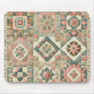 Green Blush Pink Patchwork Floral Quilted Design  Mouse Mat