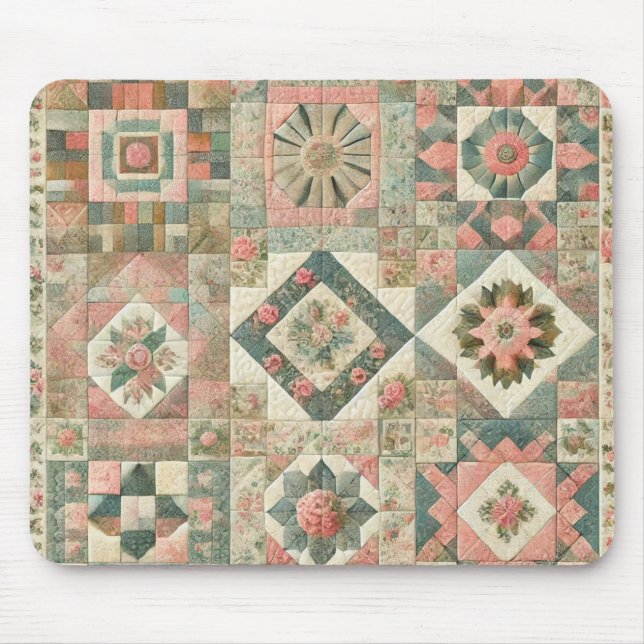 Green Blush Pink Patchwork Floral Quilted Design  Mouse Mat (Front)