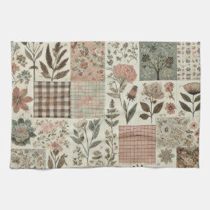 Green Blush Pink Patchwork Quilt Rustic Floral  Tea Towel