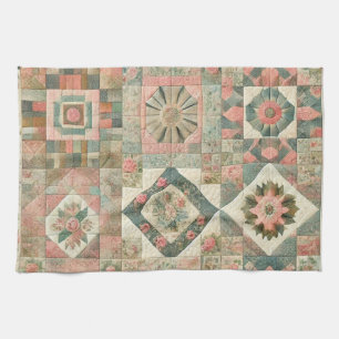 Green Blush Pink Patchwork Quilt Rustic Floral  Tea Towel