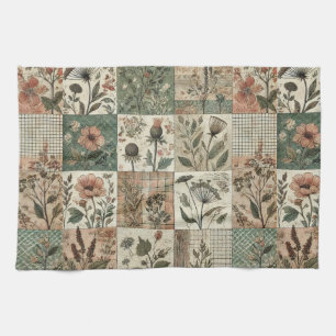 Green Blush Pink Patchwork Quilt Rustic Floral  Tea Towel