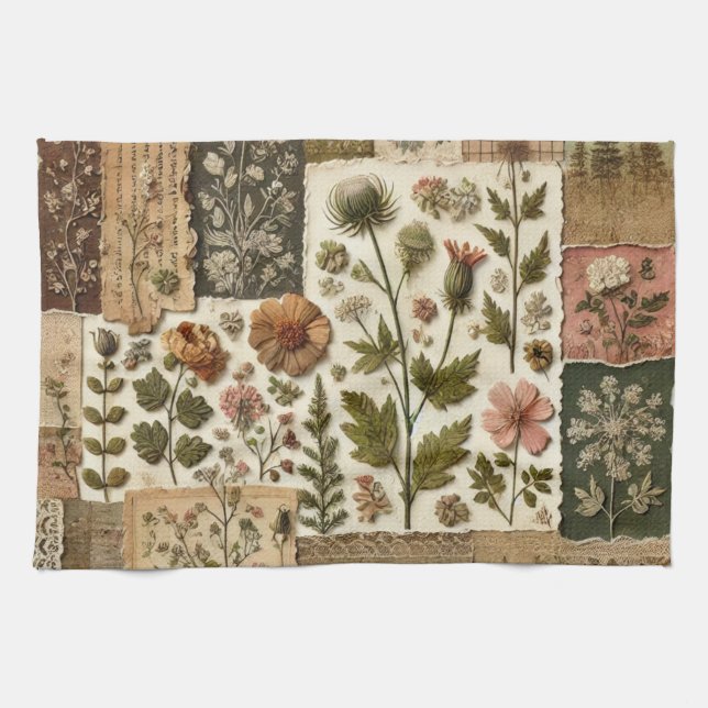 Green Blush Pink Patchwork Quilt Rustic Floral  Tea Towel (Horizontal)