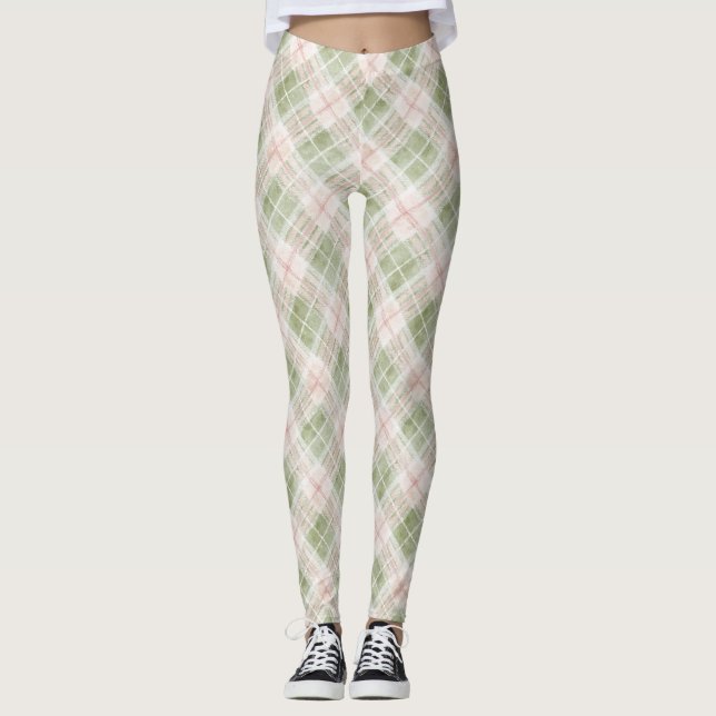 Green Blush Pink Plaid Stripes Leggings (Front)