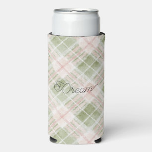 Green Blush Pink Plaid Stripes Seltzer Can Cooler