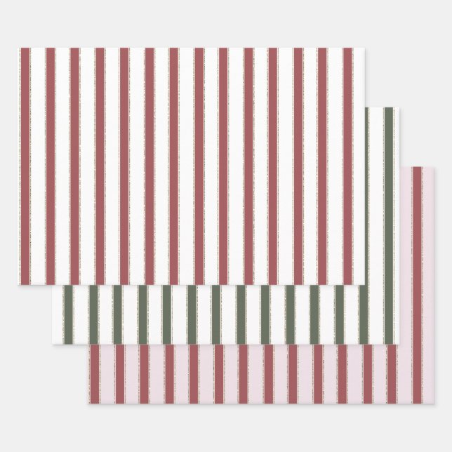 Green Blush Pink Red White Gold Stripes Christmas Wrapping Paper Sheet (Set)