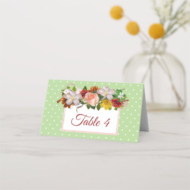 Green Blush Pink Rose Rose Bouquet Table Card (Front)