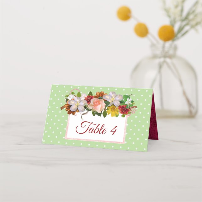 Green Blush Pink Rose Rose Bouquet Table Card (Front)