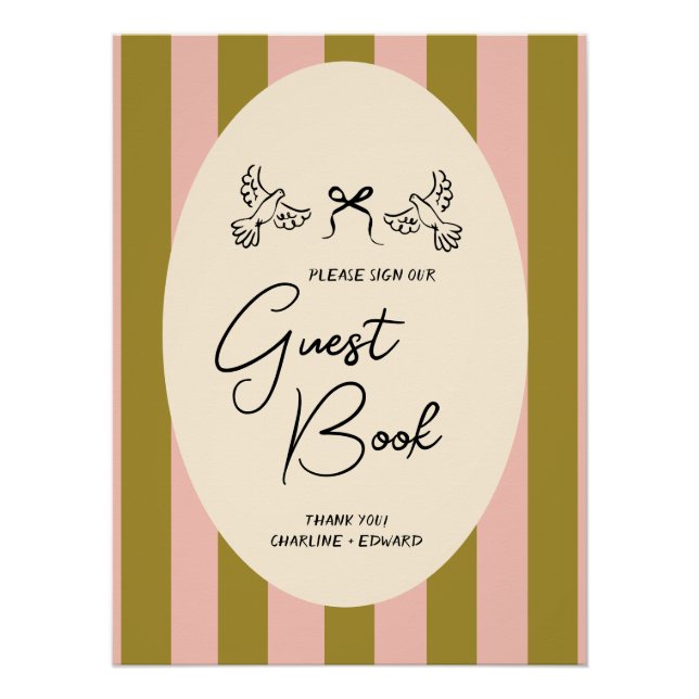 Green Blush Pink Striped Wedding Guestbook Sign (Front)