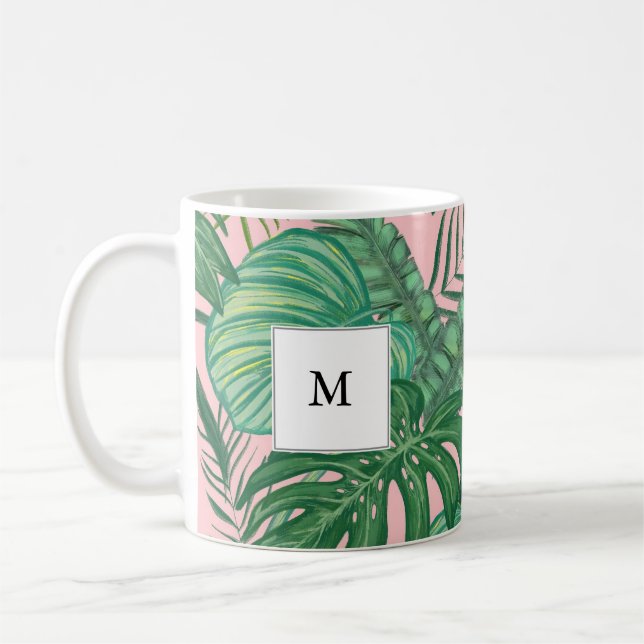 Green blush watercolor tropical leaves monogram coffee mug (Left)