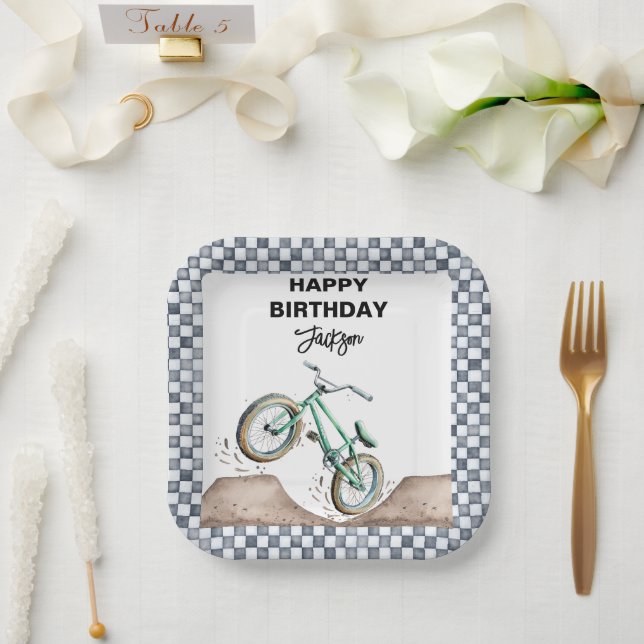 Green BMX Dirt bike birthday  Paper Plate (Wedding)