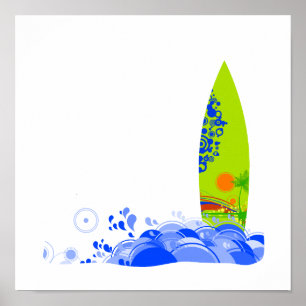 Green board in the waves poster