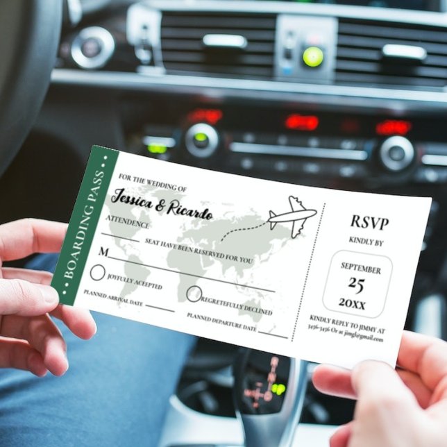 Green boarding pass wedding RSVP enclosure card (Creator Uploaded)