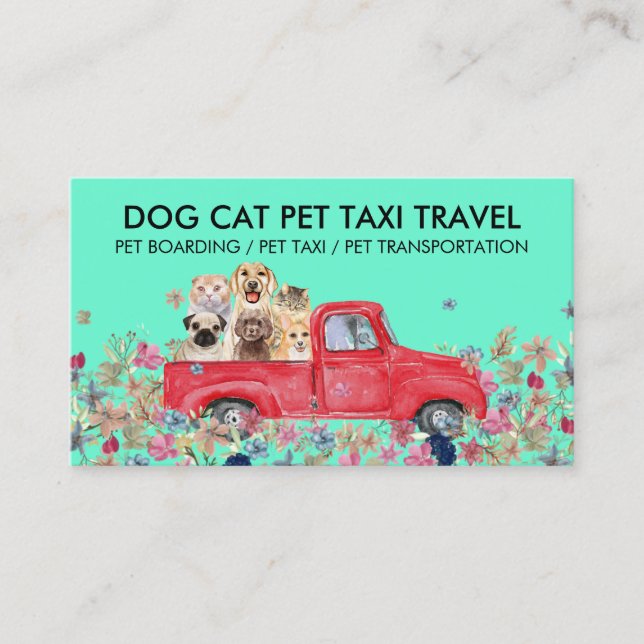 Green Boarding Truck Flowers Dogs Cats Pet Business Card (Front)