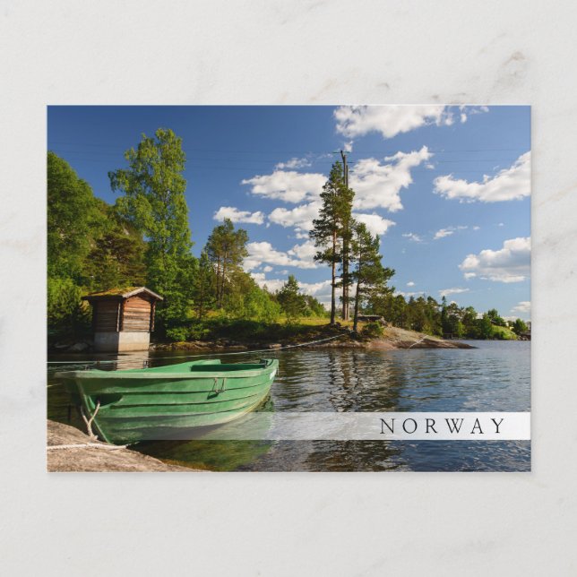 Green boat in a fjord in Norway bar postcard (Front)