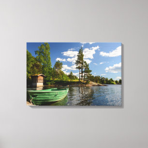 Green boat in a fjord in Norway Canvas Print