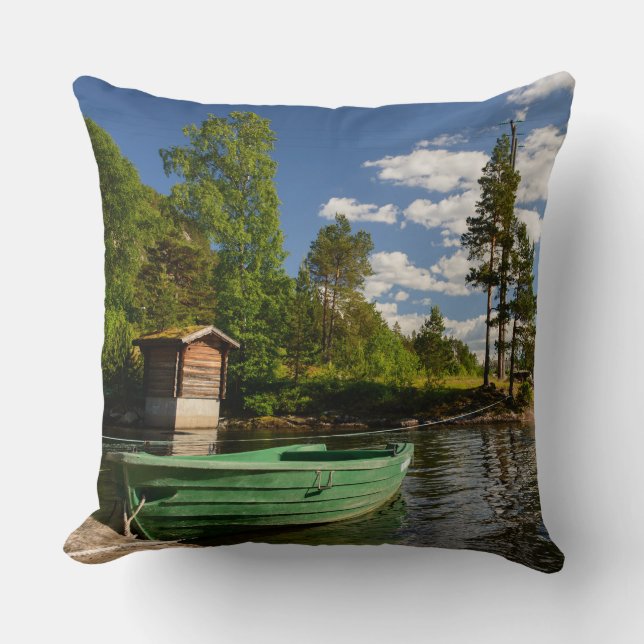 Green boat in a fjord in Norway Cushion (Front)