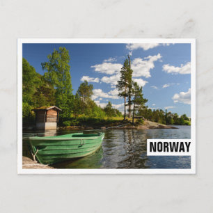 Green boat in a fjord in Norway frame postcard