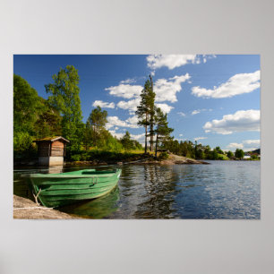 Green boat in a fjord in Norway poster print