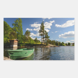 Green boat in a fjord in Norway Rectangular Sticker