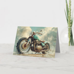 Green Bobber Motorcycle Card - Beach Background