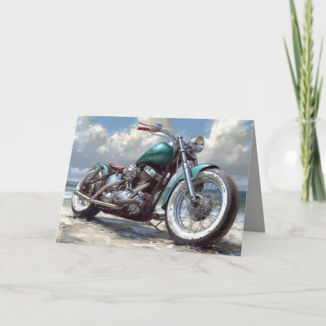Green Bobber Motorcycle Card - Beach Background (Front)
