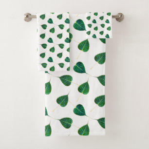 Green Bodhi Leaves on White Bath Towel Set