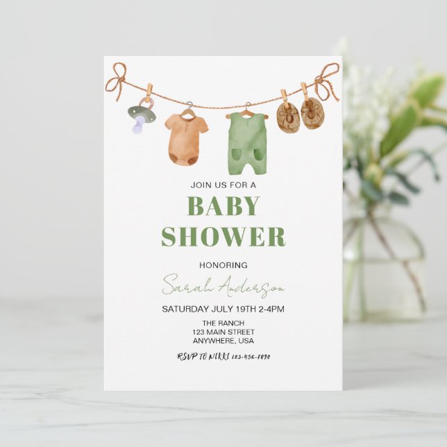 Green Boho Baby Clothes Baby shower Invitation (Standing Front)