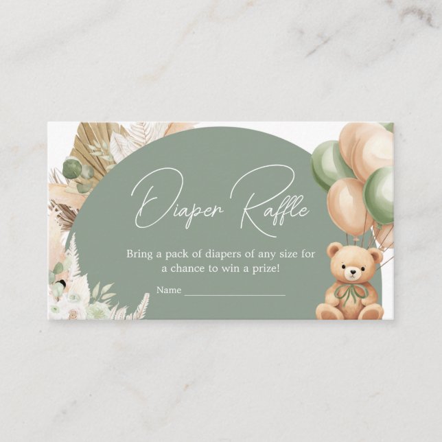 Green Boho Bear Balloon Baby Shower Diaper Raffle Enclosure Card (Front)