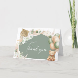Green Boho Bear Balloon Baby Shower Thank You Card