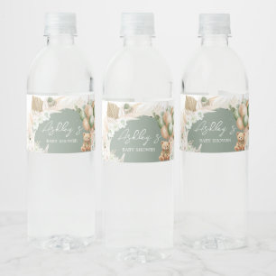 Green Boho Bear Balloon Baby Shower  Water Bottle Label