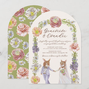 Green Boho Bunny Love Watercolor Floral Wedding Invitation
