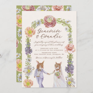 Green Boho Bunny Rabbit Love Watercolor Wedding Invitation