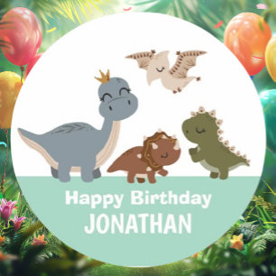 Green Boho Dinosaur Birthday Party Classic Round Sticker