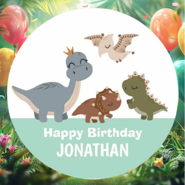 Green Boho Dinosaur Birthday Party Classic Round Sticker (Celebrate in style with our Green Boho Dinosaur Birthday Party stickers!)