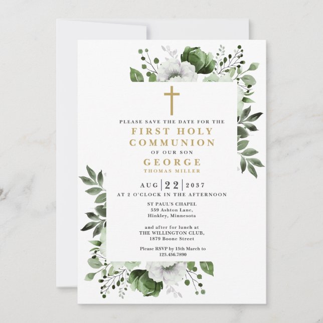 Green Boho Floral Botanical First Holy Communion Save The Date (Front)