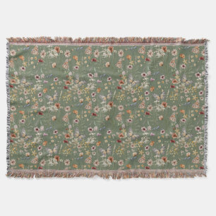 Green Boho Floral Throw Blanket