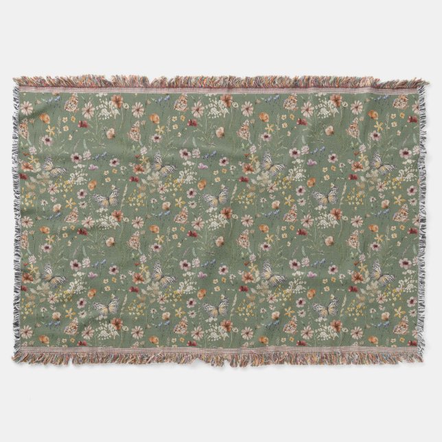 Green Boho Floral Throw Blanket (Front)