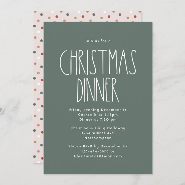 Green Boho Polka Dot Christmas Dinner Invitation (Front/Back)