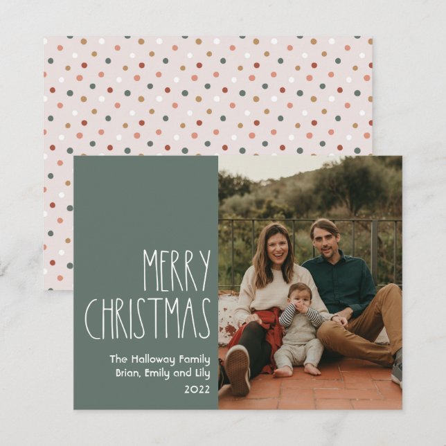 Green Boho Polka Dot Christmas Single Photo Holiday Card (Front/Back)
