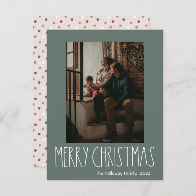 Green Boho Polka Dot Christmas Vertical One Photo Holiday Card (Front/Back)