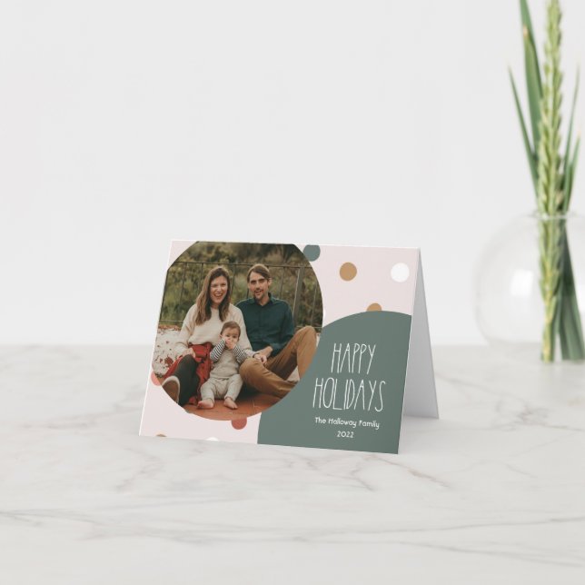 Green Boho Polka Dot Folded Single Photo Holiday Card (Front)
