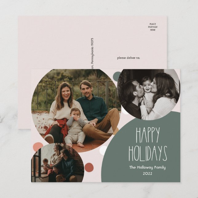 Green Boho Polka Dot Happy Holidays Three Photo Holiday Postcard (Front/Back)