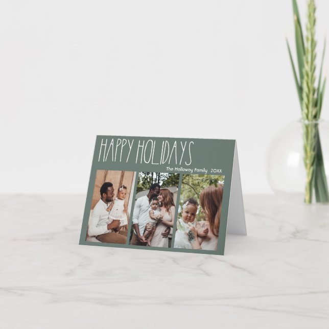 Green Boho Polka Dot Three-Photo Folded Holiday Card (Front)