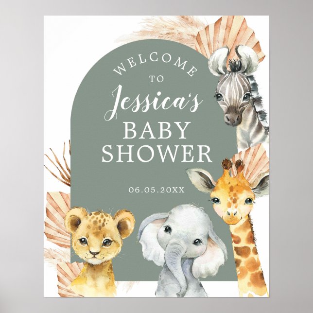 Green Boho Safari Oh Boy Baby Shower Welcome Sign (Front)