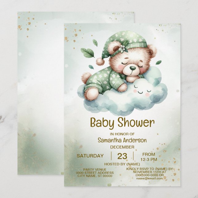 Green Boho Sleeping Teddy Bear Cute Baby Shower Invitation (Front/Back)
