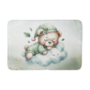 Green Boho Sleeping Teddy Bear Cute Bath Mat