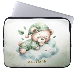 Green Boho Sleeping Teddy Bear Cute Laptop Sleeve